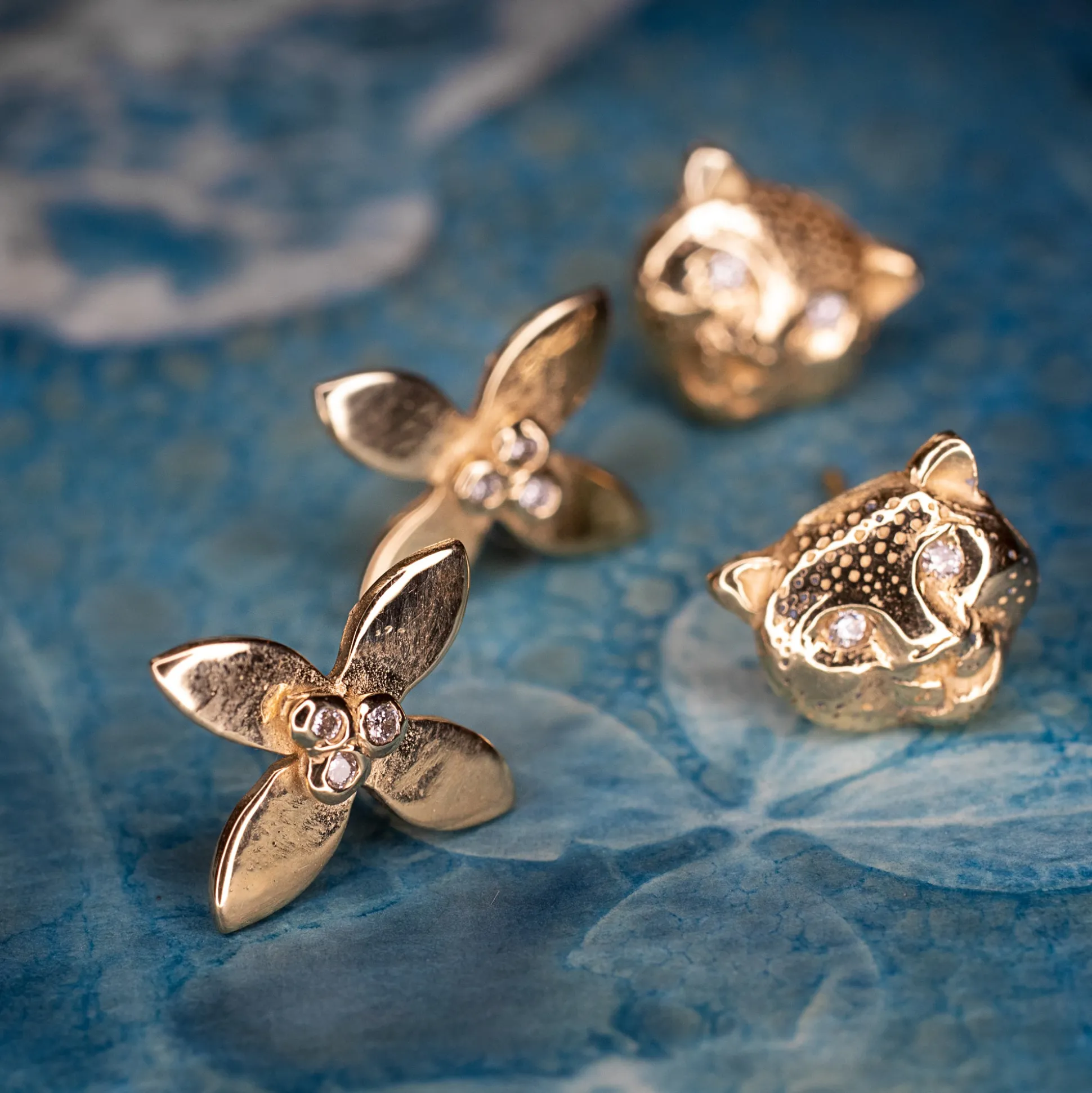Gold & Diamond Snow Leopard Stud Earrings