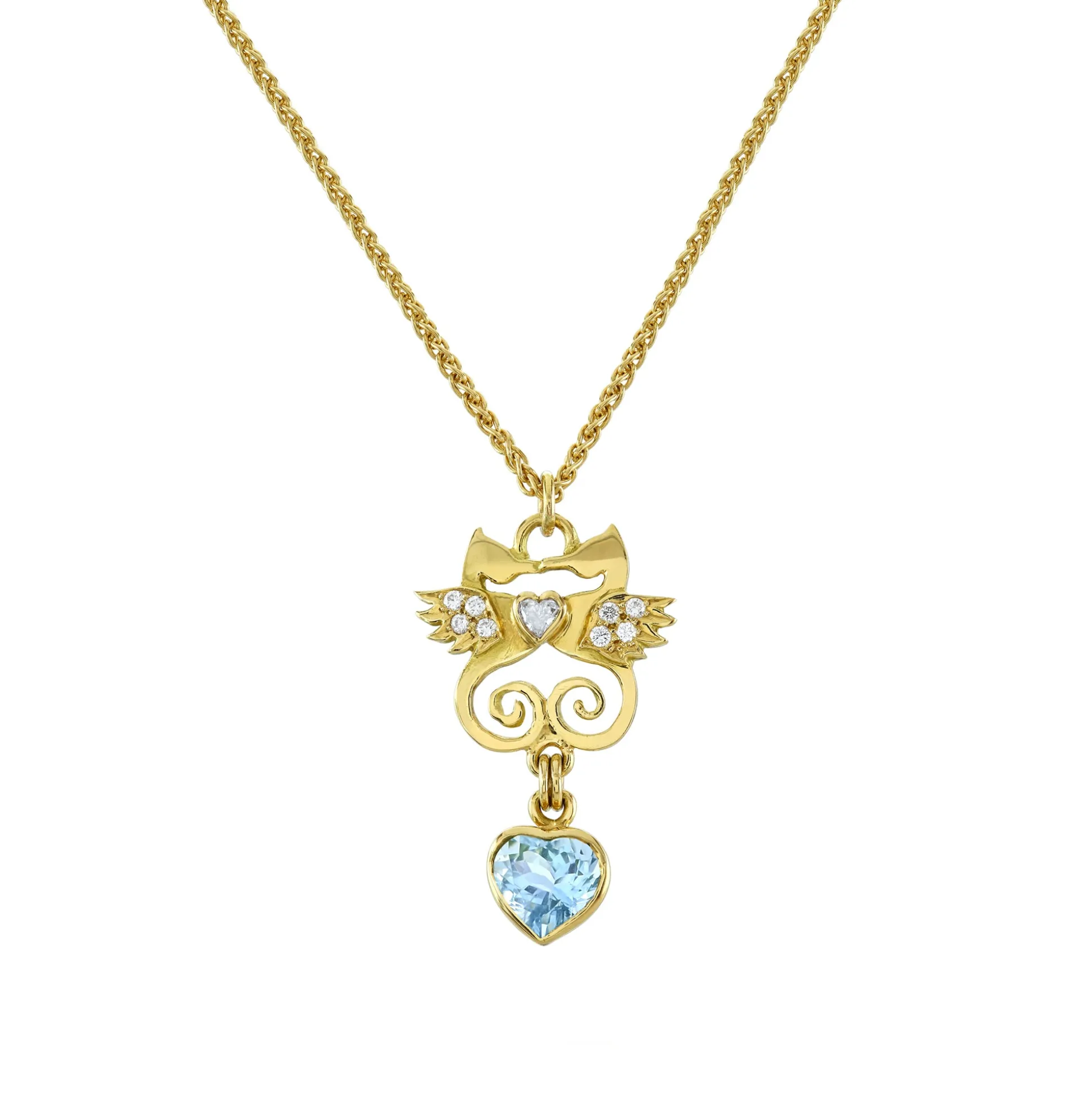 Gold, Diamond & Aquamarine Kissing Seahorse Necklace