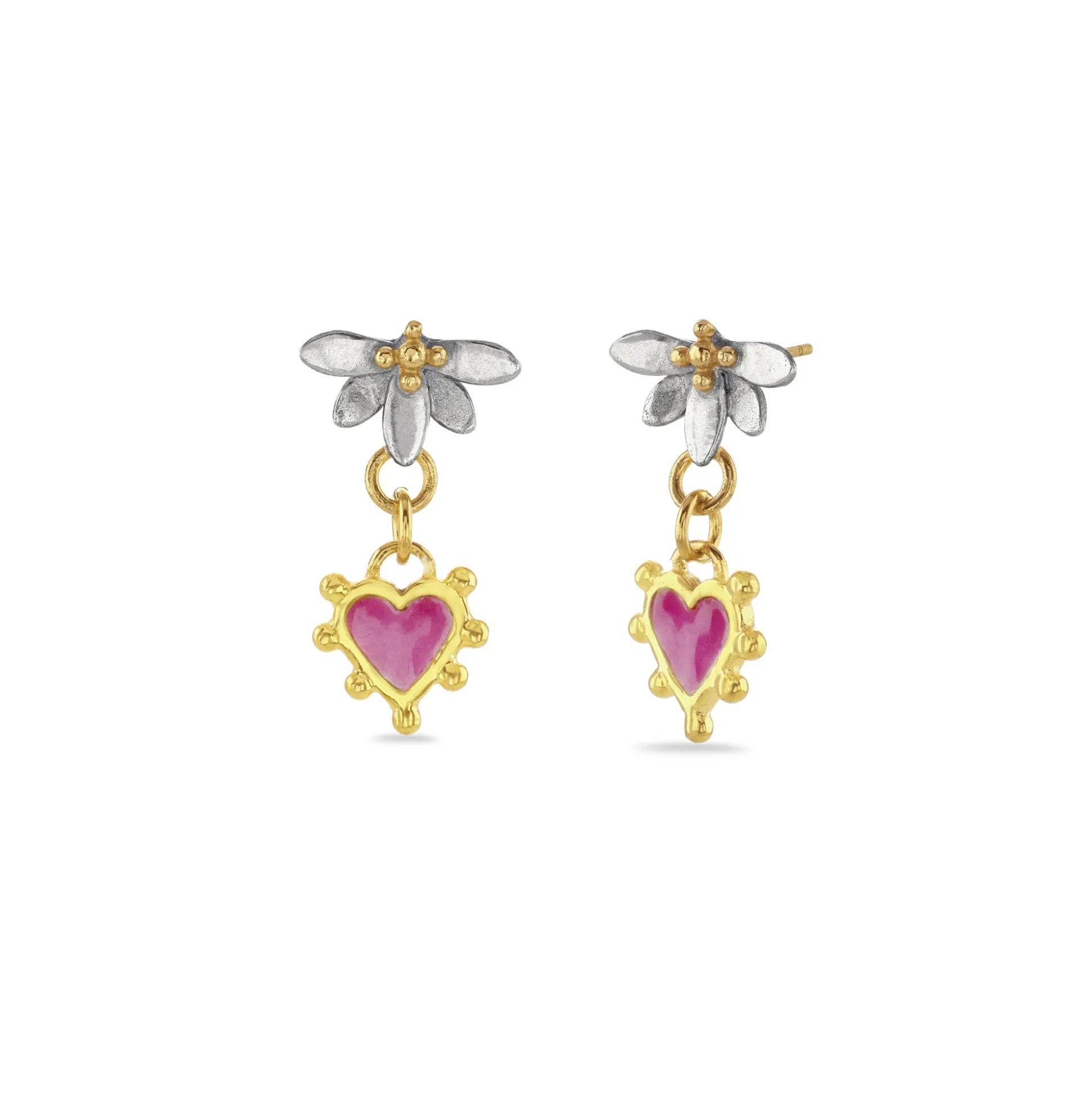 Moonlight Lotus & Enamel Heart Drop Earrings