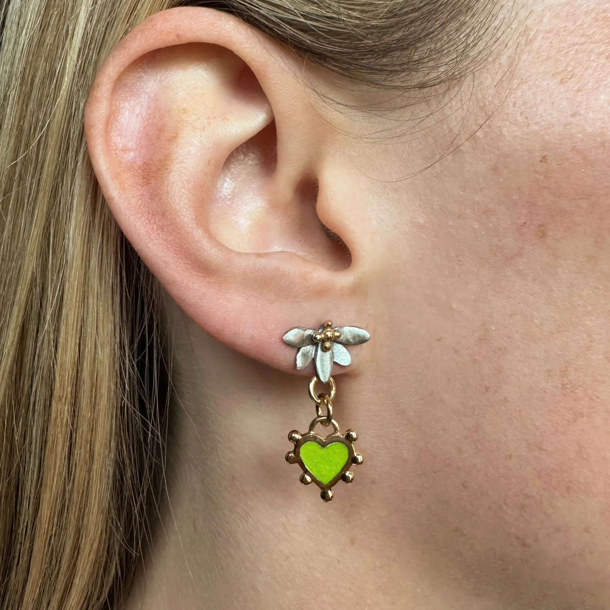 Moonlight Lotus & Enamel Heart Drop Earrings