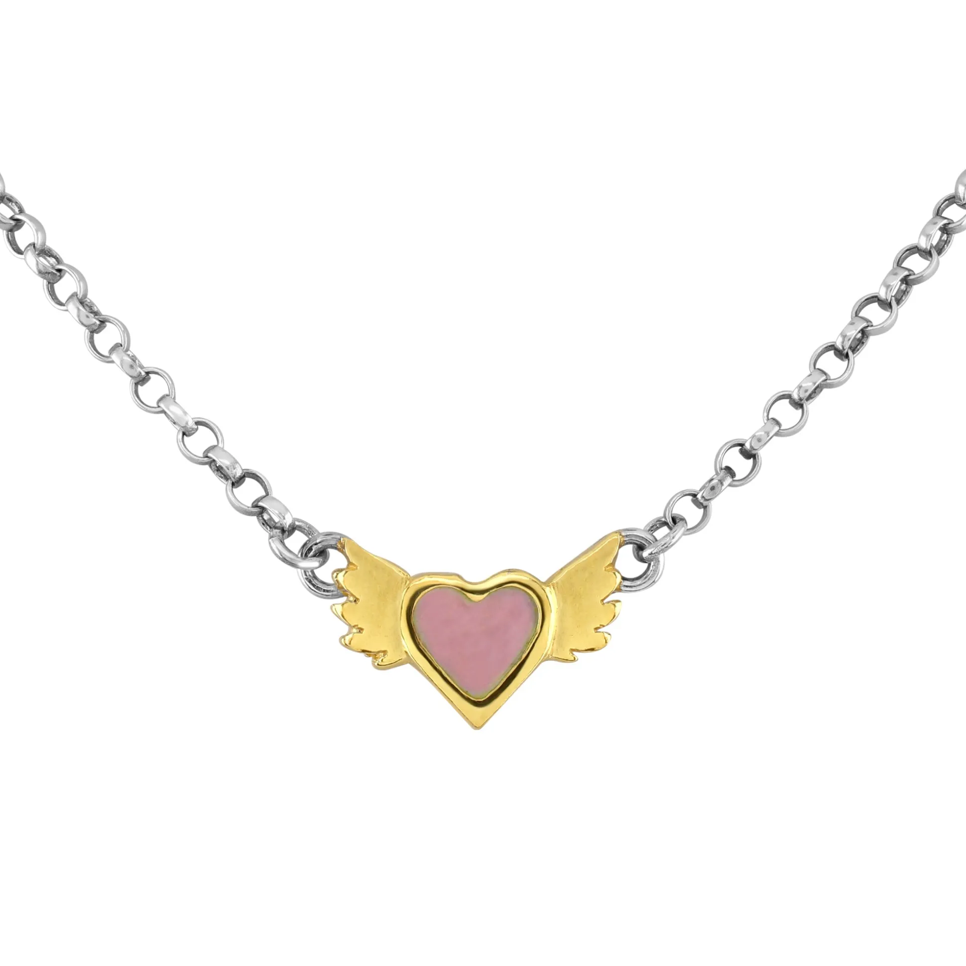 Pink Enamel Winged Heart Necklace